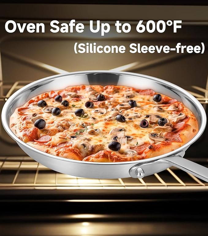LOLIKITCH 12 In Stainless Steel Skillet - Professional Induction Fry Pan, Oven Safe 600°F, Tri-Ply Stainless Steel Clad, Dishwasher Safe, Detachable Handle, PFOA Free, Commercial Restaurant Grade
