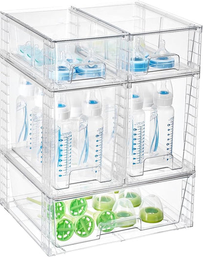 Vtopmart 6 Pack Clear Stackable Storage Drawers,Easy to Assemble Baby Bottle with handles,Plastic Drawers for Kitchen Pantry,Cabinet,Under Sink Organization by Vtopmart