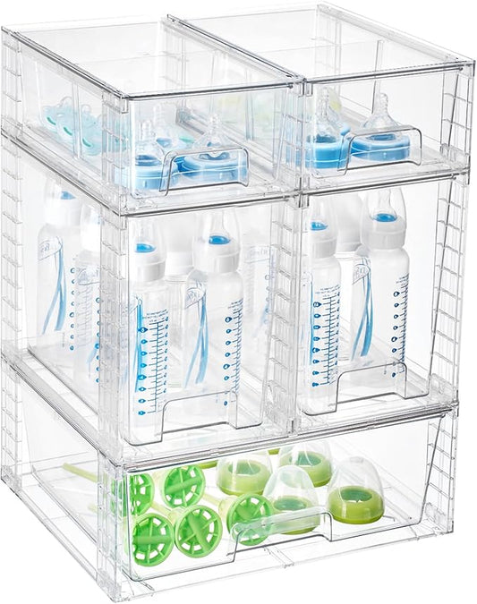 Vtopmart 6 Pack Clear Stackable Storage Drawers,Easy to Assemble Baby Bottle with handles,Plastic Drawers for Kitchen Pantry,Cabinet,Under Sink Organization by Vtopmart