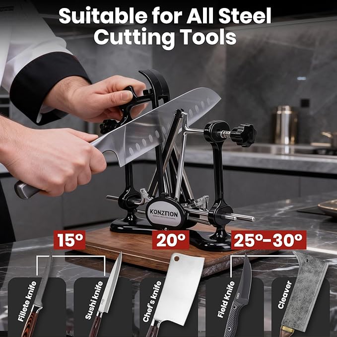 Premium Knife Sharpener with Wooden Base Ideal for Home Kitchens. V-Shape Knife Sharpener Ideal Gift for Father, Husband, Cooks & Anglers. Adjustable Angles, And a Full Metal Frame.