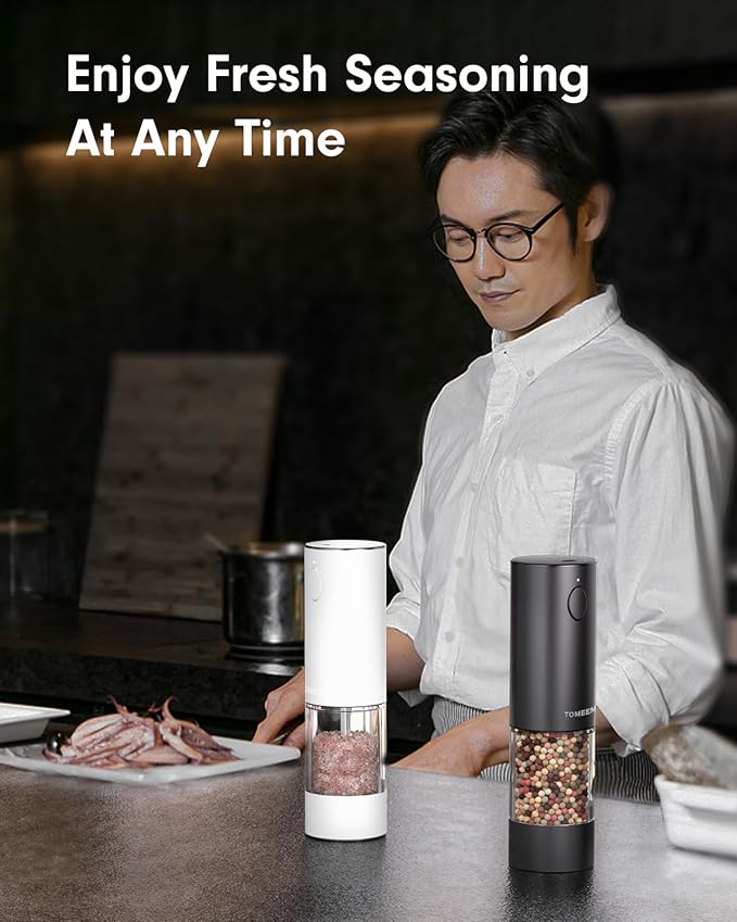 Upgraded Larger Capacity Electric Salt and Pepper Grinder Set Rechargeable with LED lights, Stainless Steel Automatic Pepper and Salt Grinder Refillable with 5 Adjustable Coarseness Black - White - Image 8