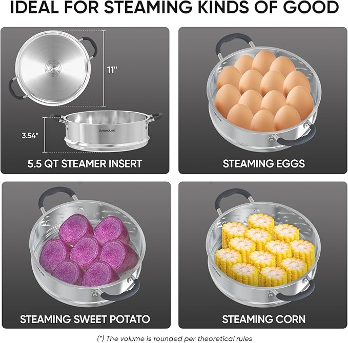 SUNHOUSE - 5.5 Quart Steamer Pots With Lid 2-Tier Multipurpose Stainless Steel Steaming Pot Cookware With Handle For Vegetable, Dumpling, Sauce, Food - Triple Bottom, Measurement Line - Image 9