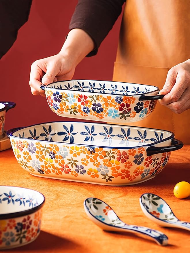 Colorful Cherry Blossom Flowers Vintage Style Ceramic Bakeware Dish Casserole Dish Baking Pan Lasagna Pans with Handles for Oven/Cooking/Kitchen, 1 PCS, 60 oz - Image 3