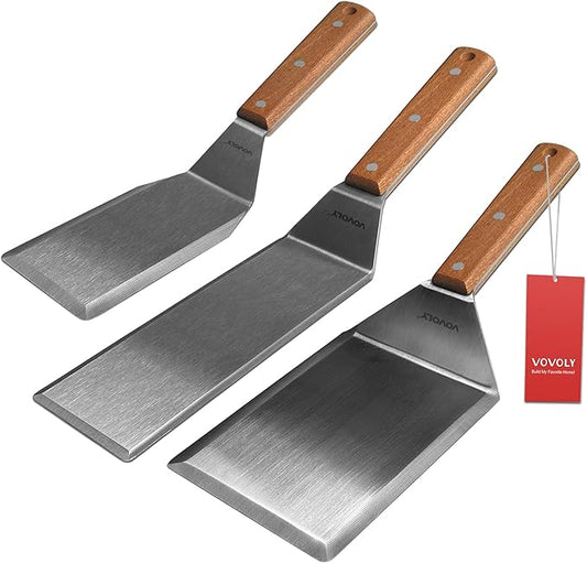 Stainless Steel Spatula Set, Grill Spatula Set with Full Tang Handle & Beveled Edges, Long Wide Spatula for Cast Iron Griddle BBQ Flat Top Grill, Pancake Turner, Smash Burgers Metal Flipper by VOVOLY
