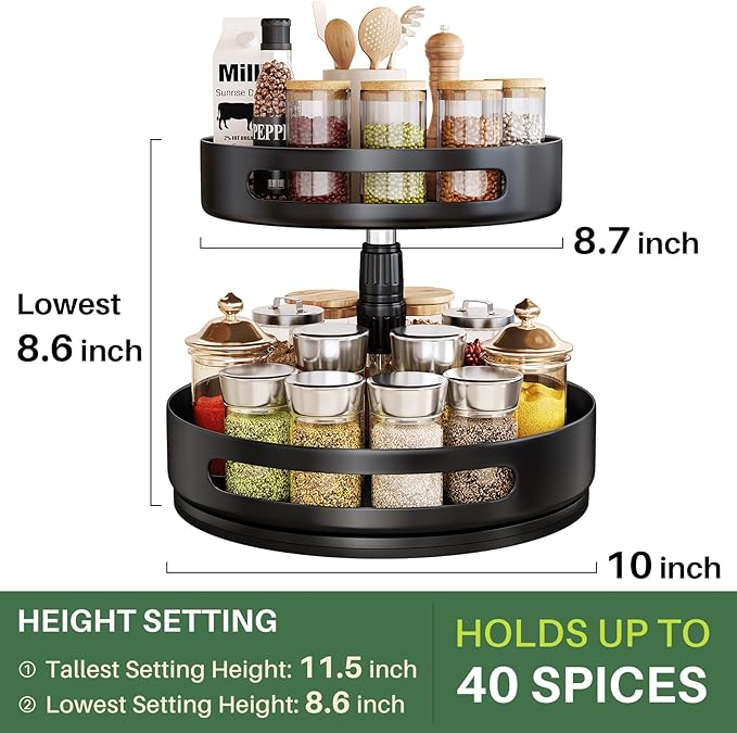 Lazy Susan Organizer Spice Rack - 2 Tier Height Adjustable Spice Organization for Cabinet, Metal Seasoning Organizer Lazy Turntable Spice Organizer for Table Top Pantry Kitchen Storage (10 inch) - Image 4
