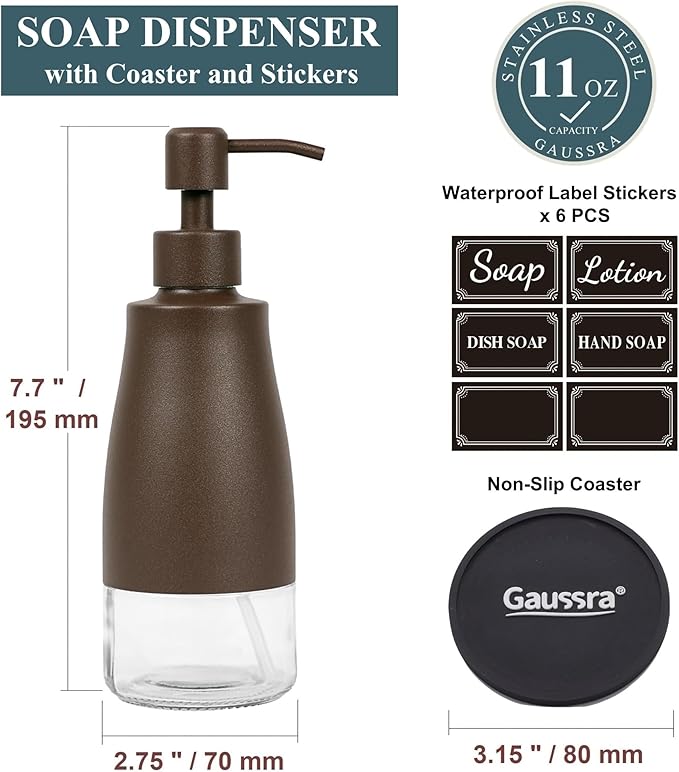 Gaussra Matte Brown Soap Dispenser with Coaster and Stickers, Stainless Steel and Glass Bottle Hand Pump Dispenser, Refillable Liquid Hand Soap Dispenser for Bathroom & Kitchen (11OZ / 320ML) - Image 3