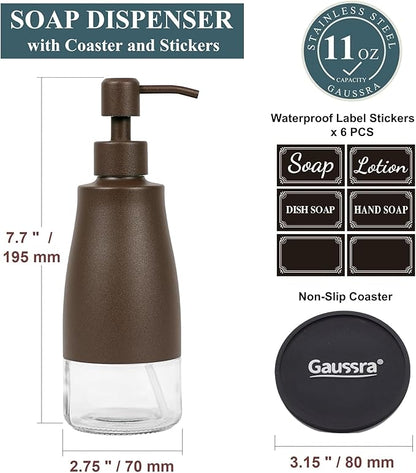 Gaussra Matte Brown Soap Dispenser with Coaster and Stickers, Stainless Steel and Glass Bottle Hand Pump Dispenser, Refillable Liquid Hand Soap Dispenser for Bathroom & Kitchen (11OZ / 320ML) - Image 3