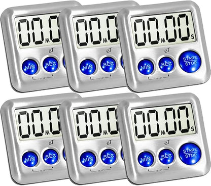 Elegant Digital Kitchen Timer Stainless Steel - Strong Magnetic Back - Kickstand - Loud Alarm - Large Display - Auto Memory - Auto Shut-Off - Model eT-24 (Plumberry 6-Pack) by eTradewinds by eTradewinds