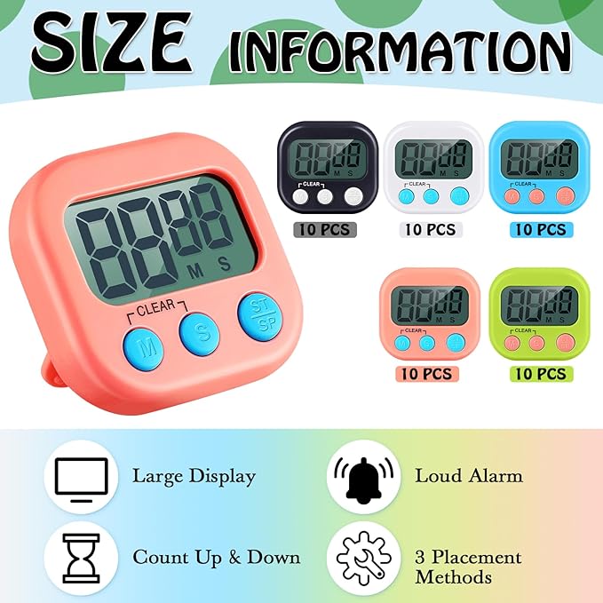 Xuhal 50 Pieces Digital Kitchen Timer Bulk, Small Magnetic Timers for Classroom, Digits Stopwatch Clock Timer for Cooking Baking Sports Games Office, Not Including Battery (Multicolor) - Image 2