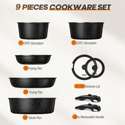 pots and Pans Set, Nonstick Cookware Set Detachable Handle, Induction Kitchen Cookware Sets with Removable Handle, Non Stick RV Cookware Set, Dishwasher ＆ Oven Safe (9 PCS)
