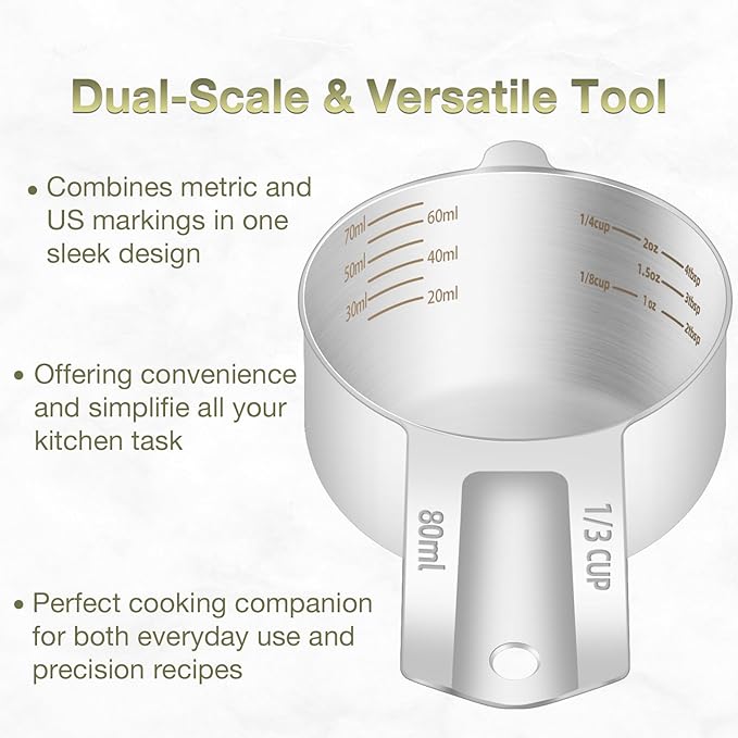 2PCS 1/3Cup (80ml, 2.6oz) Single Measuring Cup, Etched Inner Scale Stainless Steel Measure Scoop, Metric and US Measurement, Dishwasher Safe - Image 4