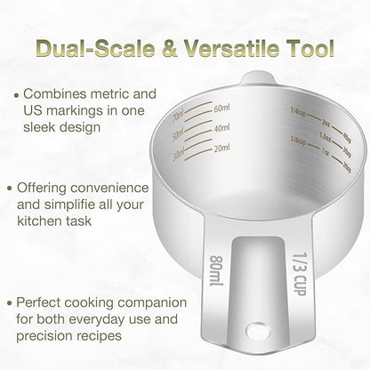 2PCS 1/3Cup (80ml, 2.6oz) Single Measuring Cup, Etched Inner Scale Stainless Steel Measure Scoop, Metric and US Measurement, Dishwasher Safe - Image 4