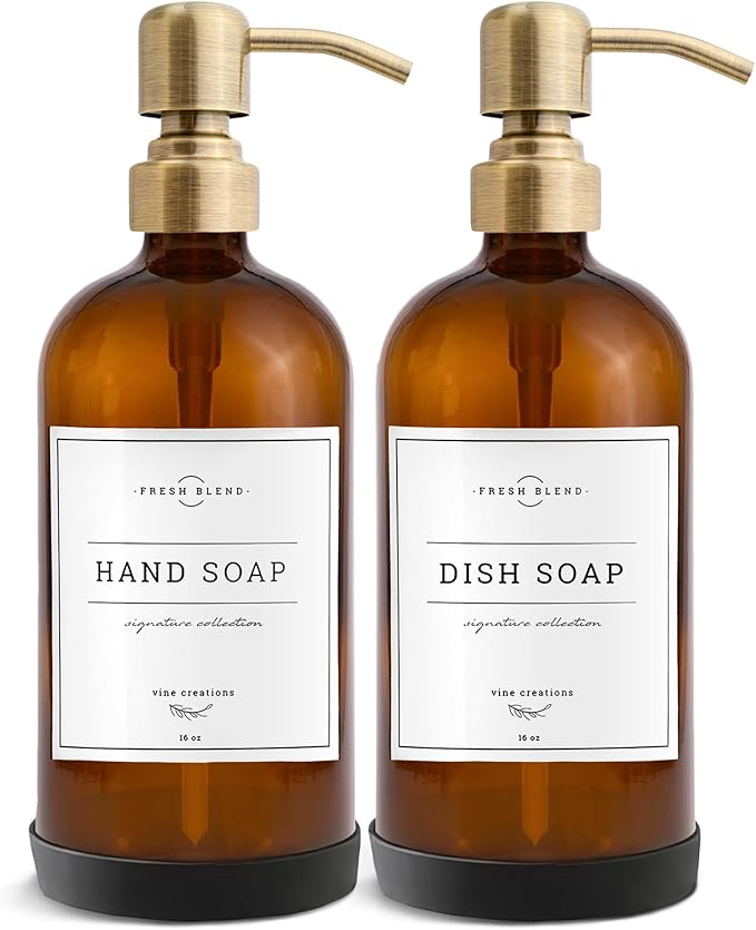 Vine Creations Amber Glass Soap Dispenser, 2 Pack Kitchen Soap Dispenser Set with Stainless Steel Pump, 16 oz Dish Soap and Hand Soap Dispensers for Bathroom with Waterproof Labels and Protective Pads by VineCreations