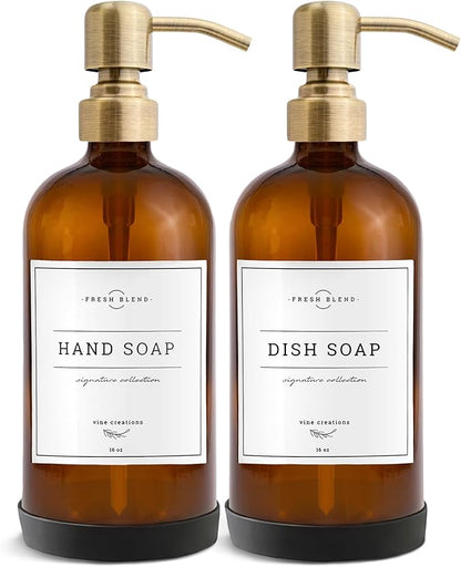Vine Creations Amber Glass Soap Dispenser, 2 Pack Kitchen Soap Dispenser Set with Stainless Steel Pump, 16 oz Dish Soap and Hand Soap Dispensers for Bathroom with Waterproof Labels and Protective Pads by VineCreations