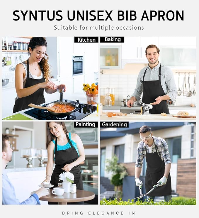 Syntus 12 Pack Bib Apron, Unisex Aprons Adjustable Waterdrop Resistant with 2 Pockets Cooking Kitchen Apron for Chef, BBQ Drawing Apron Bulk, Black - Image 7