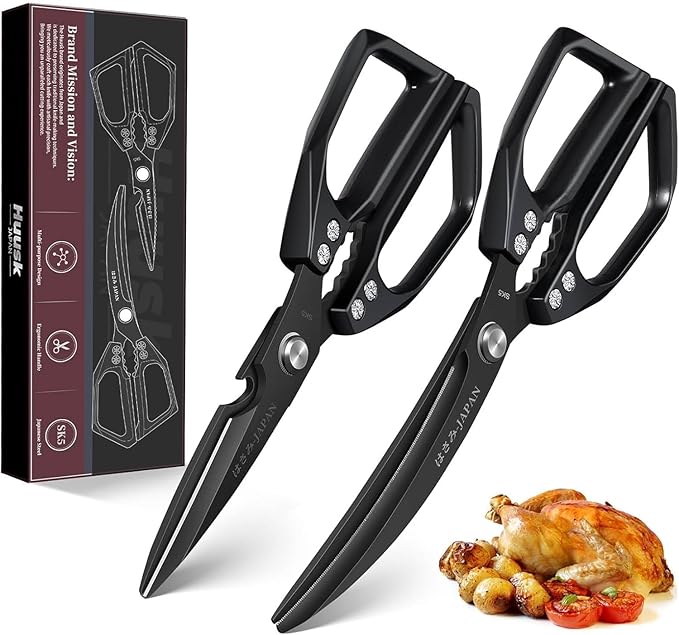 HUUSK Kitchen Scissors Set Black - Stainless Steel Kitchen Shears, Sharp Meat Scissors Dishwasher Safe, Heavy Duty Poultry Shears All Purpose, Japanese Cooking Scissor for Food,Christmas Gifts for Men by HuuskKnife