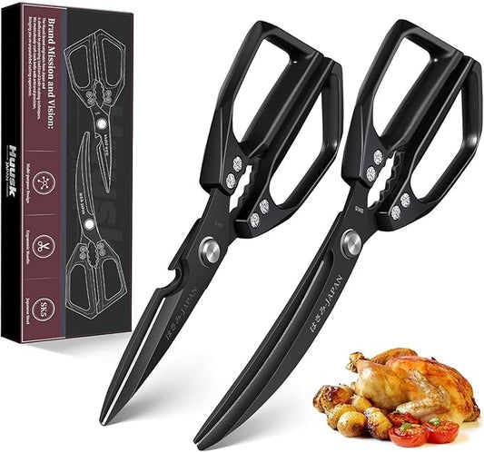 HUUSK Kitchen Scissors Set Black - Stainless Steel Kitchen Shears, Sharp Meat Scissors Dishwasher Safe, Heavy Duty Poultry Shears All Purpose, Japanese Cooking Scissor for Food,Christmas Gifts for Men by HuuskKnife