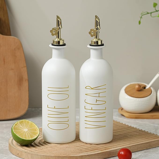HOMCDALY 16oz Olive Oil Dispenser Bottles for Kitchen, Gold Oil&Vinegar Dispenser Set, Glass Oil Dispenser for Kitchen with Bamboo Tray | Set of 2 (16oz-P-Gold) - Image 6