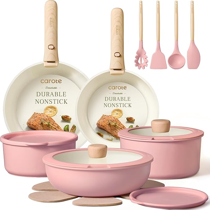 CAROTE Pots and Pans Set, Nonstick Cookware Set Detachable Handle, 19pcs Induction Kitchen Cookware Sets Non Stick with Removable Handle, RV Cookware Set, Oven Safe, Pink by CAROTE
