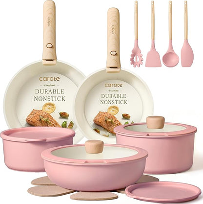 CAROTE Pots and Pans Set, Nonstick Cookware Set Detachable Handle, 19pcs Induction Kitchen Cookware Sets Non Stick with Removable Handle, RV Cookware Set, Oven Safe, Pink by CAROTE