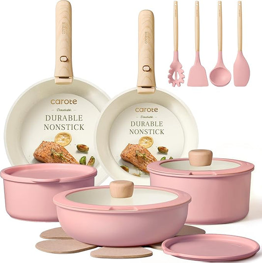 CAROTE Pots and Pans Set, Nonstick Cookware Set Detachable Handle, 19pcs Induction Kitchen Cookware Sets Non Stick with Removable Handle, RV Cookware Set, Oven Safe, Pink by CAROTE
