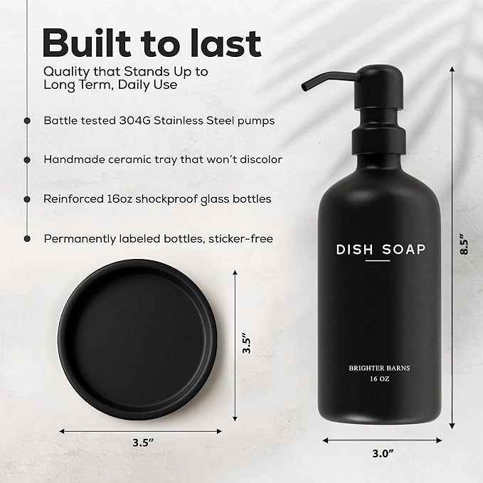 Black Glass Dish Soap Dispenser for Kitchen Sink by Brighter Barns - Modern Kitchen Soap Dispenser Set with Tray and Stainless Steel Pump - Modern Decor for Vacation Rental, Restaurants, Gifts (Black) - Image 3