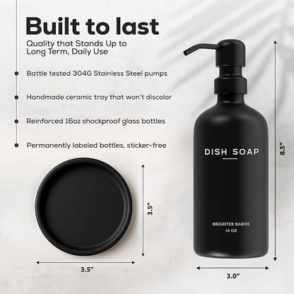 Black Glass Dish Soap Dispenser for Kitchen Sink by Brighter Barns - Modern Kitchen Soap Dispenser Set with Tray and Stainless Steel Pump - Modern Decor for Vacation Rental, Restaurants, Gifts (Black) - Image 3