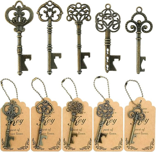 WODEGIFT 50pcs Bottle Opener,Wedding Favors Vintage Skeleton Key Bottle Opener,Key Bottle Openers with Escort Tag Cards and Key Chains Wedding Gifts for Guest（Bronze,5 styles） by WODEGIFT