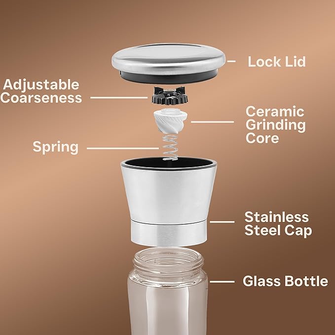 Premium Stainless Steel Sea Salt and Pepper Grinder Set of 2 - Adjustable Ceramic - Tall Glass Salt and Pepper Shakers - Pepper Mill & Salt Mill W/Funnel (2.6"W x 7.5"H) - Image 2