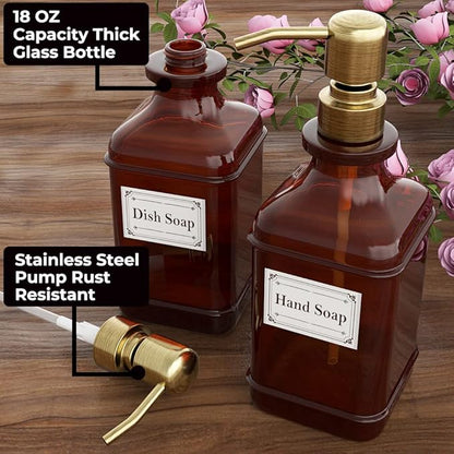 GLADPURE Soap Dispenser 2 Pack, Hand Soap Dispensers with 18 Oz Antique Design Thick Amber Glass Bottle, 316 Rust Proof Stainless Steel Pump, 6Pcs Stickers, for Lotion, Soap - Brushed Gold - Image 2