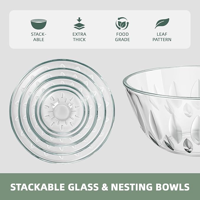 WhiteRhino Glass Bowls with Lids Set of 5（4.68QT,2.89QT,1.66QT,0.83QT,0.53QT）,Glass Mxing Bowls with Lids,Large Salad Bowls Space-Saving Nesting for Cooking,Baking,Prepping,Dishwasher Safe - Image 4