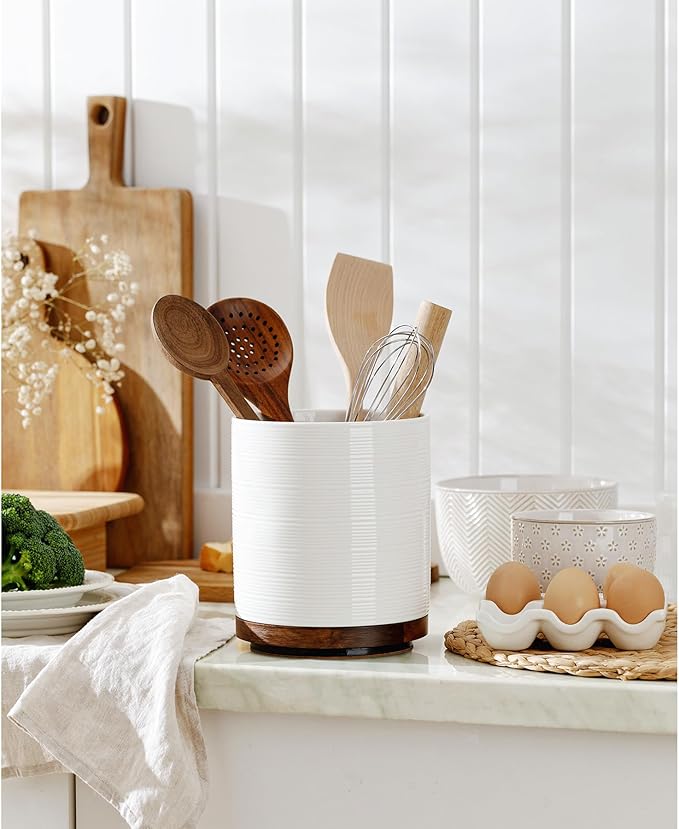 Utensil Holder, 360° Rotating Extra Large Ceramic Kitchen Utensil Holder for Countertop, 7.3“ Cooking Utensil Crocks for Kitchen Counter with Rotatable Wooden Base, Farmhouse Decor, White - Image 5
