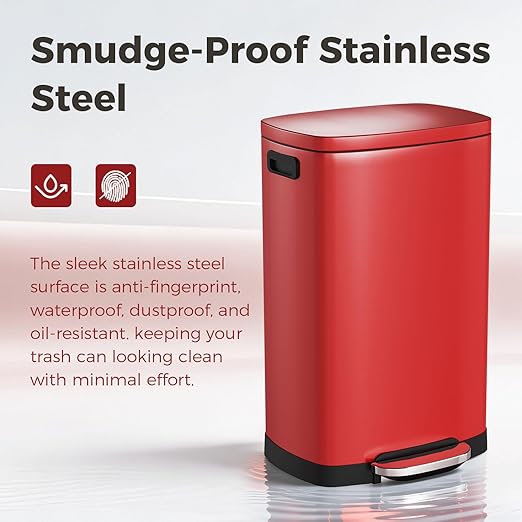 ELPHECO LPHECO Kitchen Trash Can with Lid Soft Close, 13 Gallon / 50L Stainless Steel Pedal Garbage Can, Heavy-Duty Step Wastebasket with 20 Bags, Removable Bucket, Home Office, Kitchen, Scarlet Red - Image 2