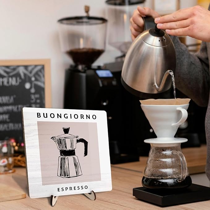 Coffee Bar Decor Sign,Wooden Vintage Plaque with CoffeePot Pattern-Buongiorno Espresso,Funny Farmhouse Decor for Coffee Station, Kitchen Café or Shelf Display(White) - Image 6