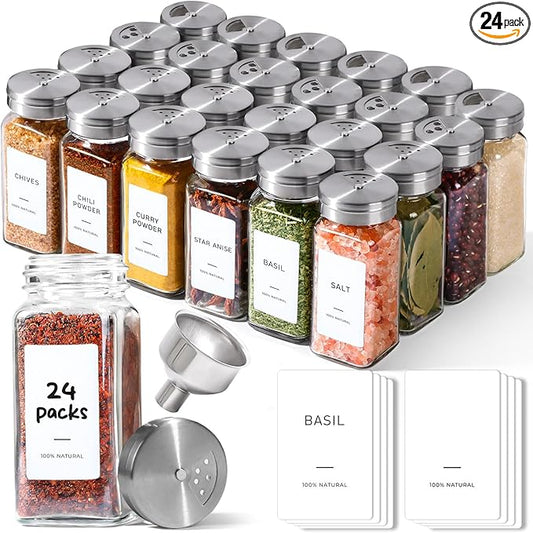 ComSaf Spice Jars with Shaker lids Adjustable, 4oz 24PCS，45 Labels, Comdiment Jars Set, Empty Spice Containers and Square Ingredient Bottles for Kitchen and Seasoning, Bulk Salt and Pepper Shaker Set by ComSaf