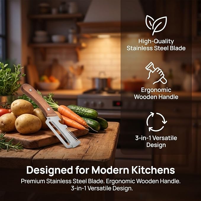 2PCS Multifunctional Vegetable Peeler, 3 in 1 Multi Functional Wooden Handle Peeler, Grater and Bottle Opener, Kitchen Gadgets for Potato, Carrot, Pumpkin, Apple - Image 7