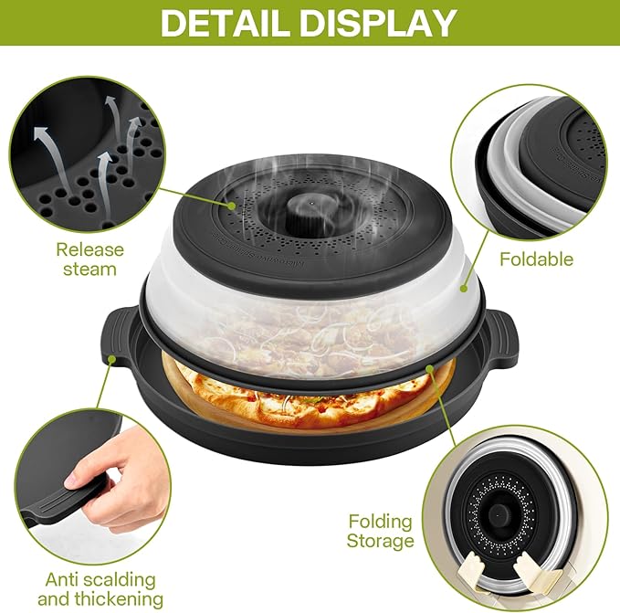 Microwave Splatter Cover for Food with Anti-scald Base Plate,Large Plastic & Silicone Vented Avoid Scalding Collapsible Guard Lid,Kitchen Essential Gadgets for Meal Prep-10.7 Inch (Black) - Image 5
