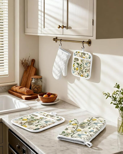 Miss Adola Cotton Oven Mitts and Pot Holders Sets - Quilted Lining Heat Resistant 4 Pieces Set with Hanging Loop Cute Farmhouse Boho Spring Kitchen Decor and Accessories, Lemon Bird - Image 2