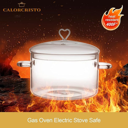 3 L Glass Cooking Pot with Lid, Glass Simmer Pot, Save Energy, Heat Resistant, for Water-based Recipes. Heart Shape Lid, Clear, 3.2QT(3000ml)