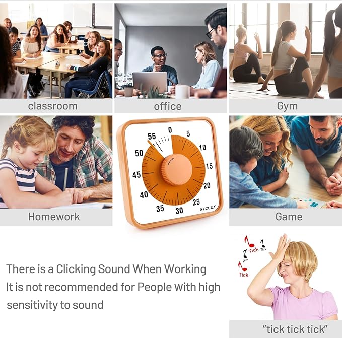 Secura 7.5 Inch Visual Timer, 60 Minute Oversize Countdown Visual Timer for Kids and Adults, Durable Mechanical Time Management Tool (Orange) - Image 5