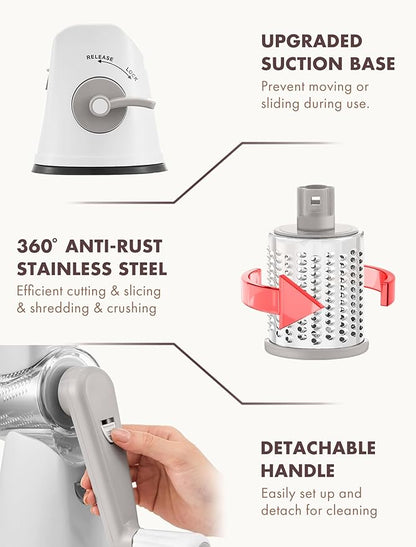 GDL Rotary Cheese Grater Hand Crank with 5 Interchangeable Blades - Upgraded Cheese Shredder Featuring Strong Suction Base for Cheese Shredding, Wavy Slicing, Nut Grinding, Ice Shaving