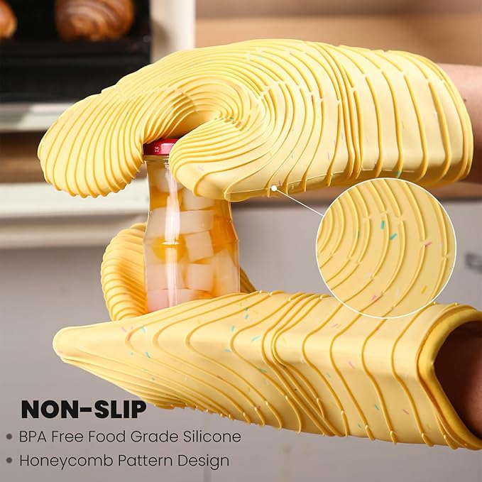 4 Pieces Oven Mitts and Pot Holders of Macaron Color Thickened Non-Slip Silicone Kitchen Gloves, Heat Resistant up to 500F, Essential for Kitchen Baking(makal-Huang) - Image 7