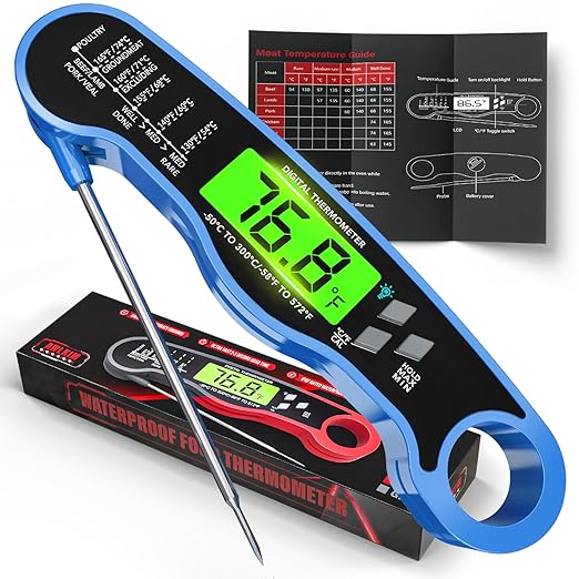 AWLKIM Digital Meat Thermometer with Doneness Chart, 2-Sec Instant Read Food Thermometer for Cooking, Grilling, Oven, Air Fryer - Waterproof Backlit Magnetic Flip Probe, Gift for Men, Dad - Blue by AWKLIM