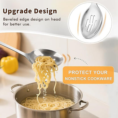 Stainless Steel Cooking Spoon, Slotted Metal Serving Spoon, Heavy Duty Sturdy Large Soup Ladle, High Heat Resistant Kitchen Cooking Utensils for Mixing, Stirring, Ergonomic Handle, Easy to Clean - Image 3