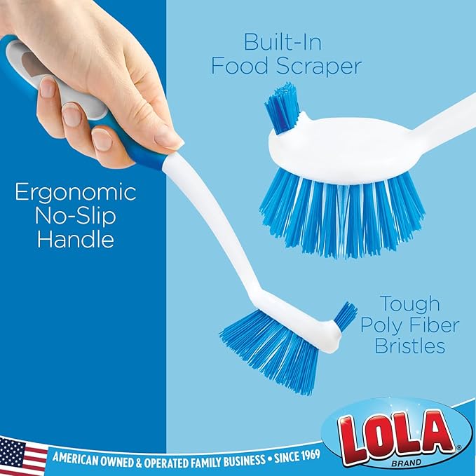 Dish Brush Scrubber for Kitchen, 4 Pack, by LOLA, Has Stiff Bristles & Food Scraper, Comfort No-Slip Grip Handle, Safe for Non-Stick & Coated Cookware - Image 2