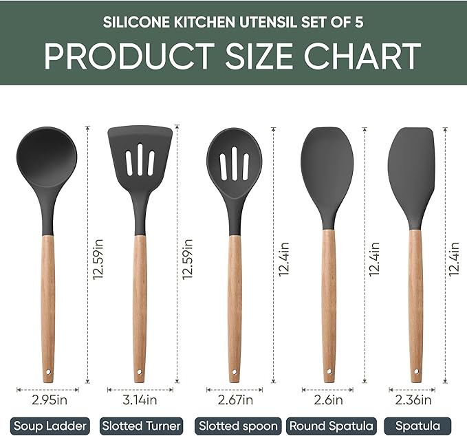 Herogo 5-Piece Cooking Utensils Set, Silicone Kitchen Utensils Set with Wooden Handle, Heat Resistant Cooking Tools Slotted Turner, Spoon, Soup Ladle, Spatula, Spoonula for Nonstick Cookware, Grey - Image 2