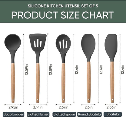 Herogo 5-Piece Cooking Utensils Set, Silicone Kitchen Utensils Set with Wooden Handle, Heat Resistant Cooking Tools Slotted Turner, Spoon, Soup Ladle, Spatula, Spoonula for Nonstick Cookware, Grey - Image 2