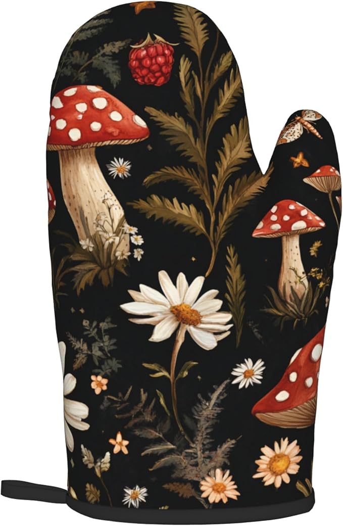 Mushroom Oven Mitt Pot Holder Set Vintage Floral BBQ Cooking Gloves with Loop Baking Grilling Kitchen Gifts for Spring Summer - Image 8