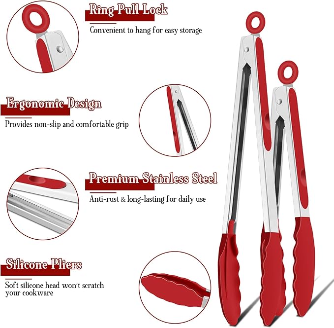 TeamFar Kitchen Tongs, 9" and 12" Stainless Steel Cooking Tongs with Silicone Tips for Cooking Grilling Serving & BBQ, Heat Resistant Silicone Tongs, Locking Design & Dishwasher Safe, Set of 2 & Red - Image 3