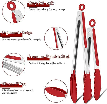 TeamFar Kitchen Tongs, 9" and 12" Stainless Steel Cooking Tongs with Silicone Tips for Cooking Grilling Serving & BBQ, Heat Resistant Silicone Tongs, Locking Design & Dishwasher Safe, Set of 2 & Red - Image 3